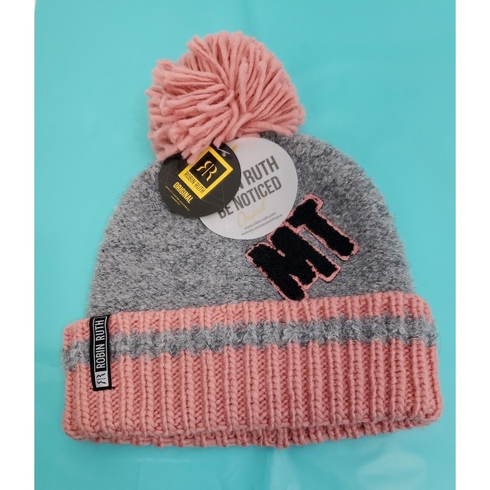 Robin Ruth Pom Pom Beanie - MONTANA - Winter Knit Cap Hat - Pink Salmon Gray NWT
